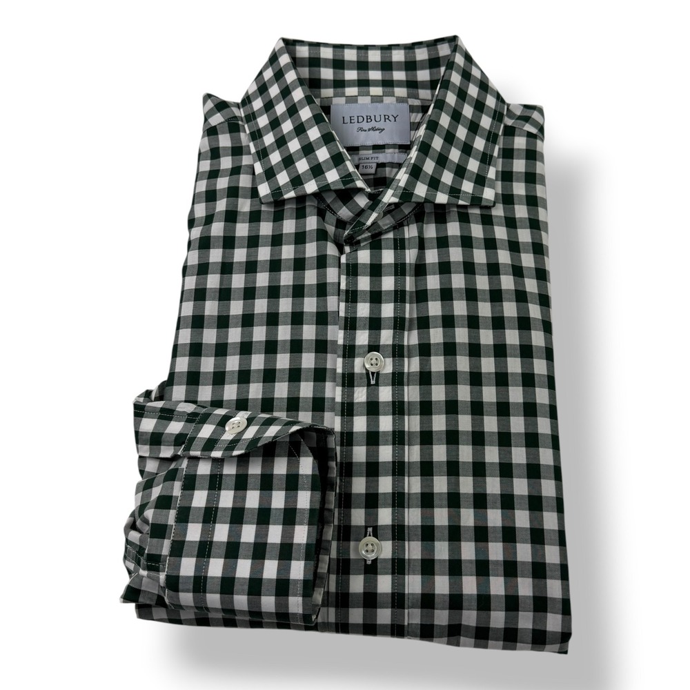 Ledbury Mens Slim Fit Gingham Button Down‎ Shirt Green White 16.5 100% Cotton